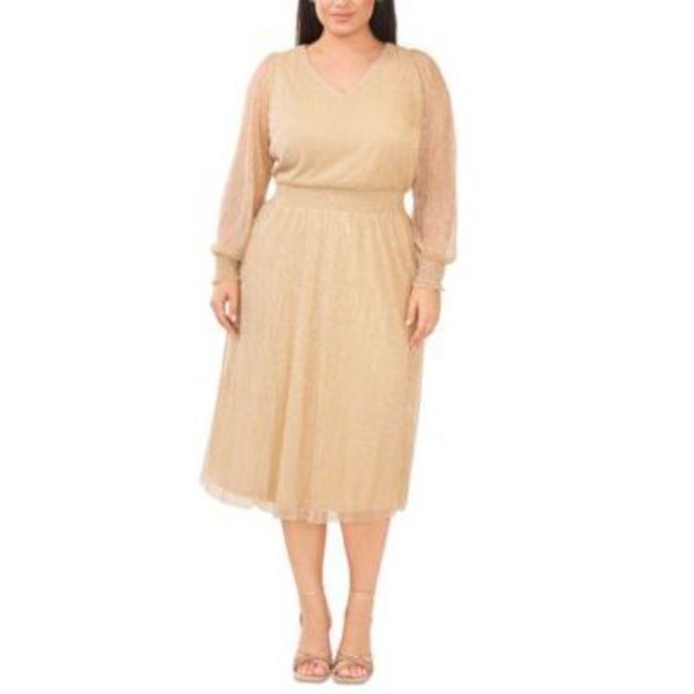 Msk Plus Size Lurex Gold Smocked Midi Dress 1X